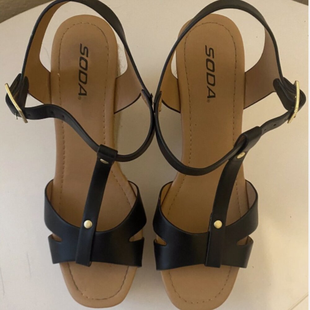 SODA Womens Black Ankle Strap Platform Wedge Espadrille Sandals